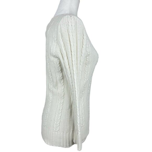 Express Women’s Off-White Y2K Cable Knit 3/4 Sleeve Crew Neck Sweater M/C32 - Picture 2 of 9